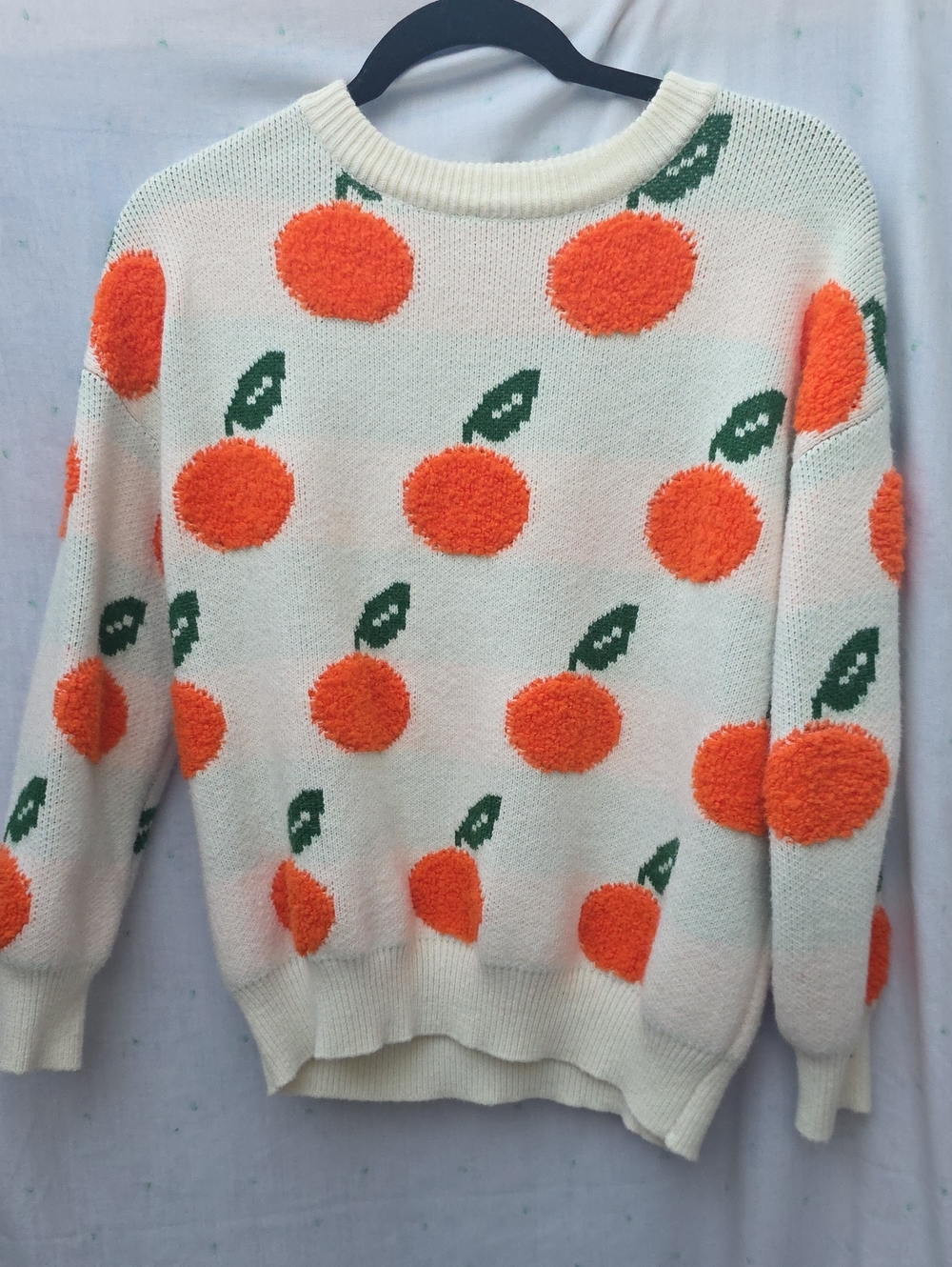 Cider Orange Fruit Knit Sweater Cream Textured Fuzzy Crewneck Size Small